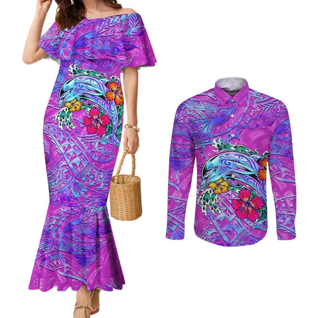 Personalized Dolphin Polynesia Couples Matching Mermaid Dress and Long Sleeve Button Shirt Hibiscus Tropical Wave - Purple Vibes