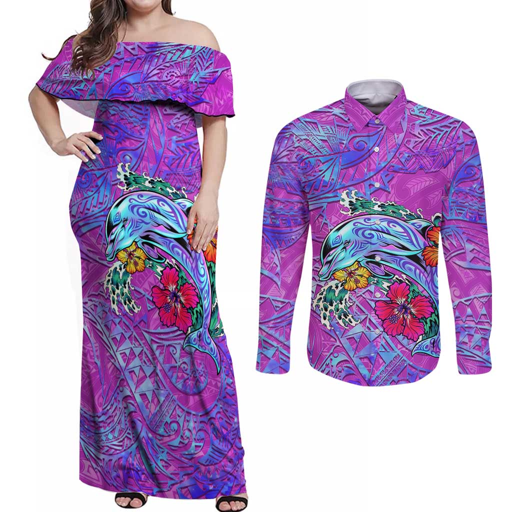 Personalized Dolphin Polynesia Couples Matching Off Shoulder Maxi Dress and Long Sleeve Button Shirt Hibiscus Tropical Wave - Purple Vibes