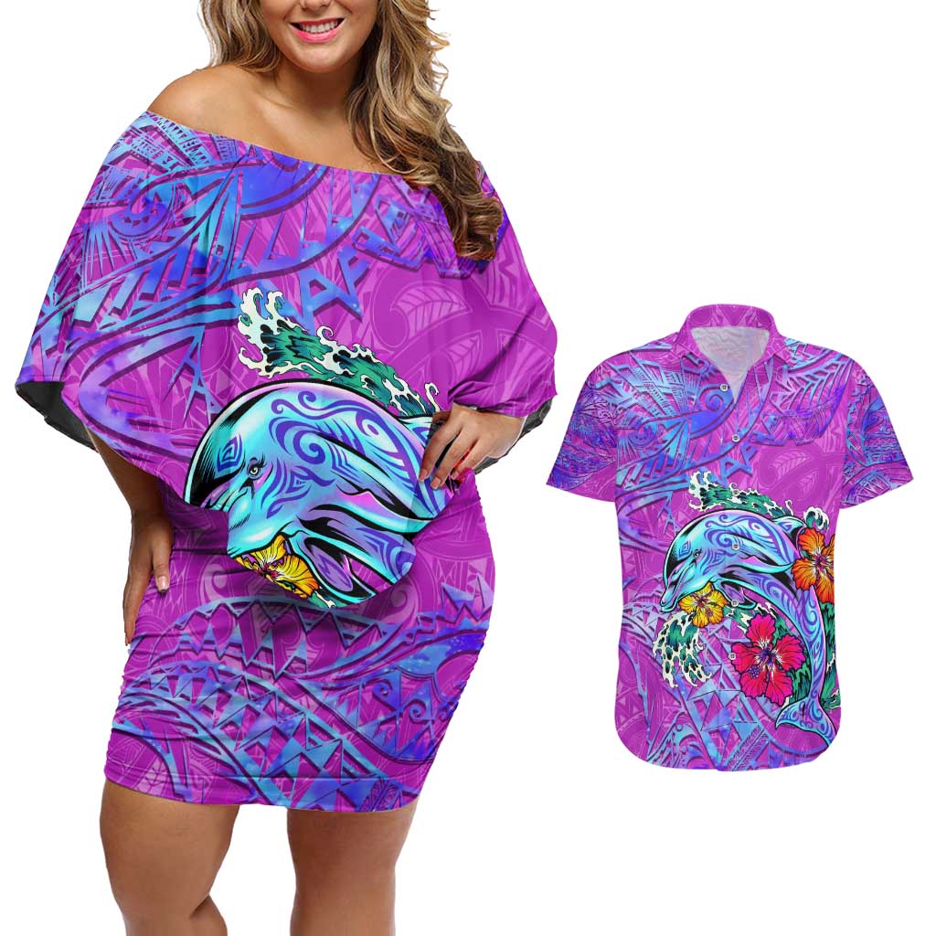 Personalized Dolphin Polynesia Couples Matching Off Shoulder Short Dress and Hawaiian Shirt Hibiscus Tropical Wave - Purple Vibes