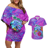 Personalized Dolphin Polynesia Couples Matching Off Shoulder Short Dress and Hawaiian Shirt Hibiscus Tropical Wave - Purple Vibes