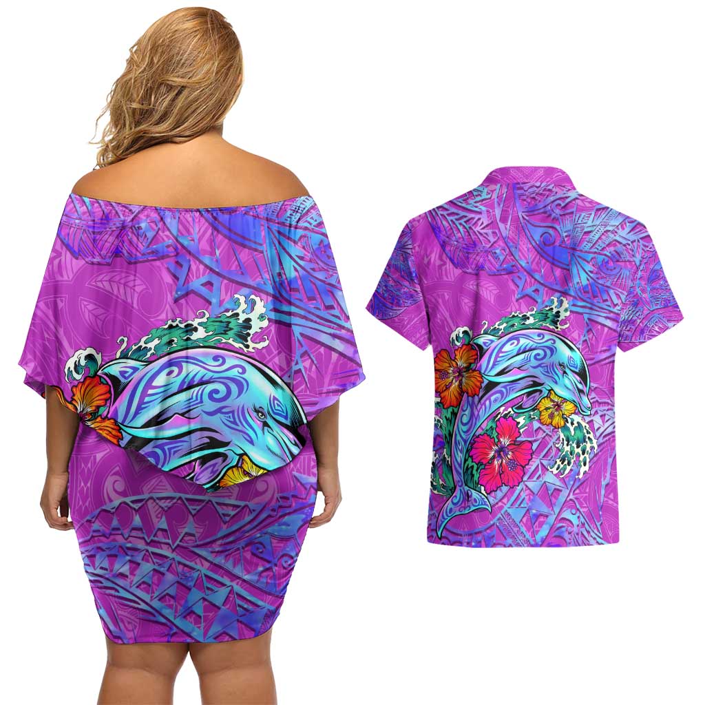 Personalized Dolphin Polynesia Couples Matching Off Shoulder Short Dress and Hawaiian Shirt Hibiscus Tropical Wave - Purple Vibes