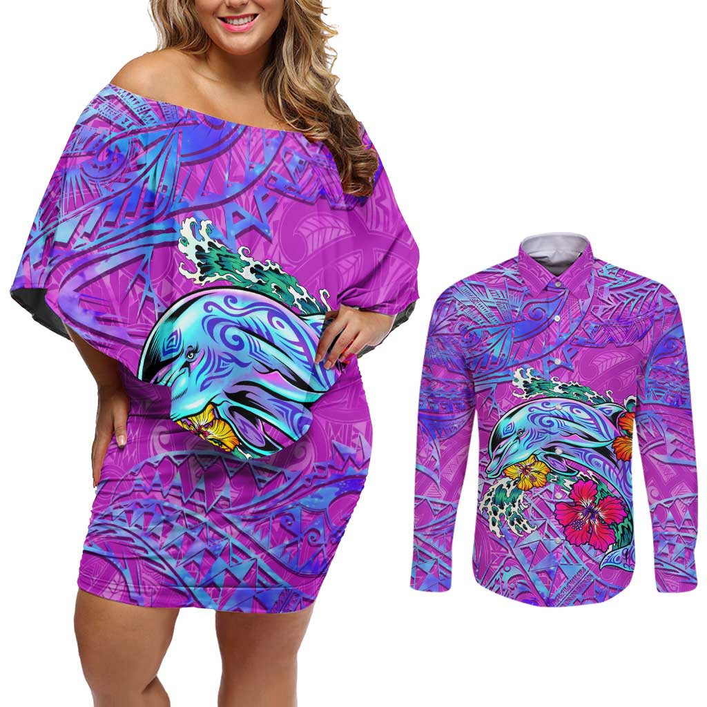 Personalized Dolphin Polynesia Couples Matching Off Shoulder Short Dress and Long Sleeve Button Shirt Hibiscus Tropical Wave - Purple Vibes