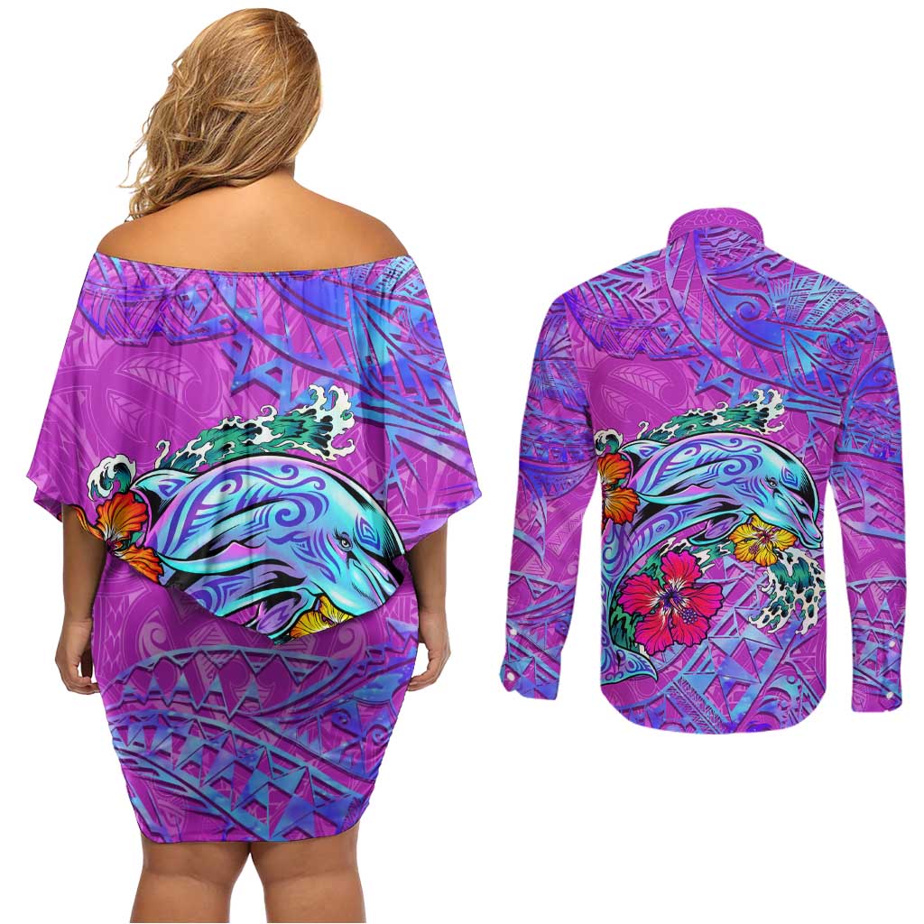Personalized Dolphin Polynesia Couples Matching Off Shoulder Short Dress and Long Sleeve Button Shirt Hibiscus Tropical Wave - Purple Vibes
