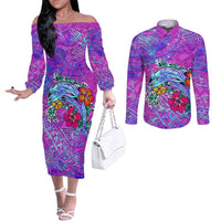 Personalized Dolphin Polynesia Couples Matching Off The Shoulder Long Sleeve Dress and Long Sleeve Button Shirt Hibiscus Tropical Wave - Purple Vibes