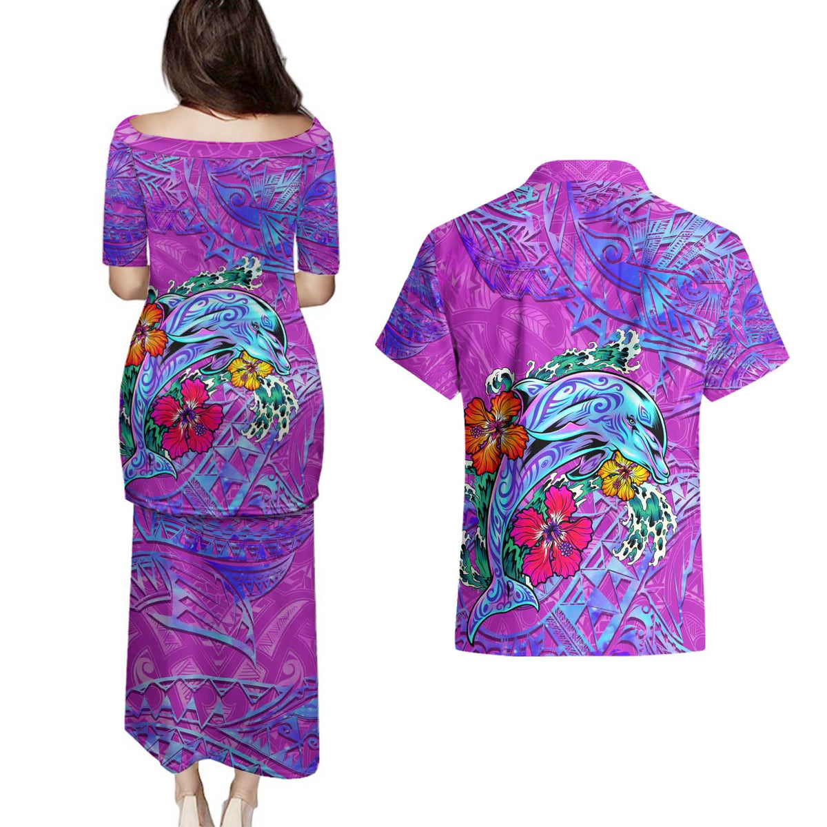 Personalized Dolphin Polynesia Couples Matching Puletasi and Hawaiian Shirt Hibiscus Tropical Wave - Purple Vibes
