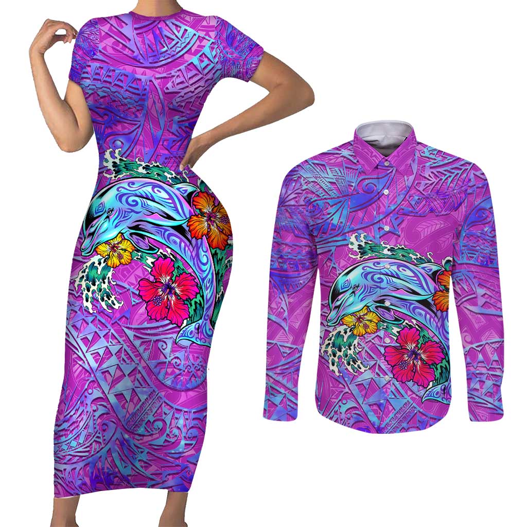 Personalized Dolphin Polynesia Couples Matching Short Sleeve Bodycon Dress and Long Sleeve Button Shirt Hibiscus Tropical Wave - Purple Vibes