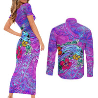 Personalized Dolphin Polynesia Couples Matching Short Sleeve Bodycon Dress and Long Sleeve Button Shirt Hibiscus Tropical Wave - Purple Vibes