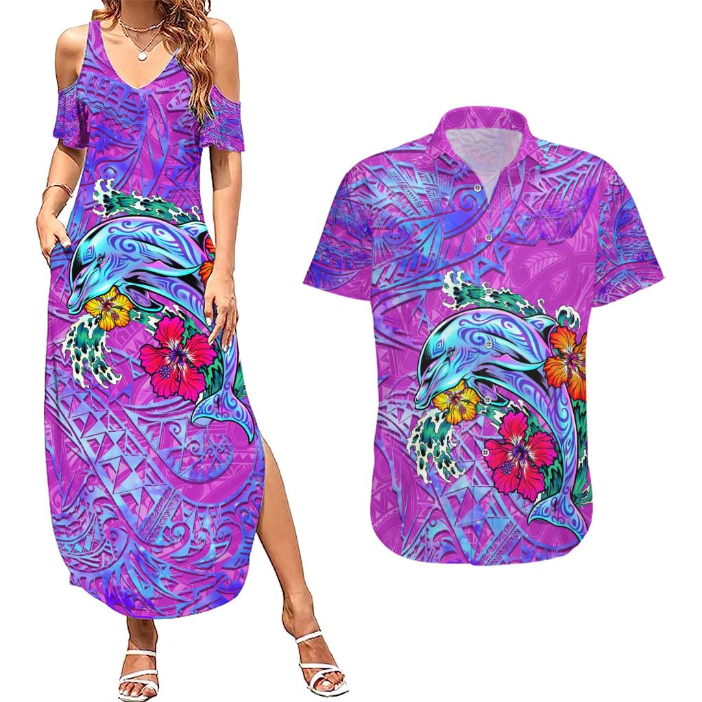 Personalized Dolphin Polynesia Couples Matching Summer Maxi Dress and Hawaiian Shirt Hibiscus Tropical Wave - Purple Vibes