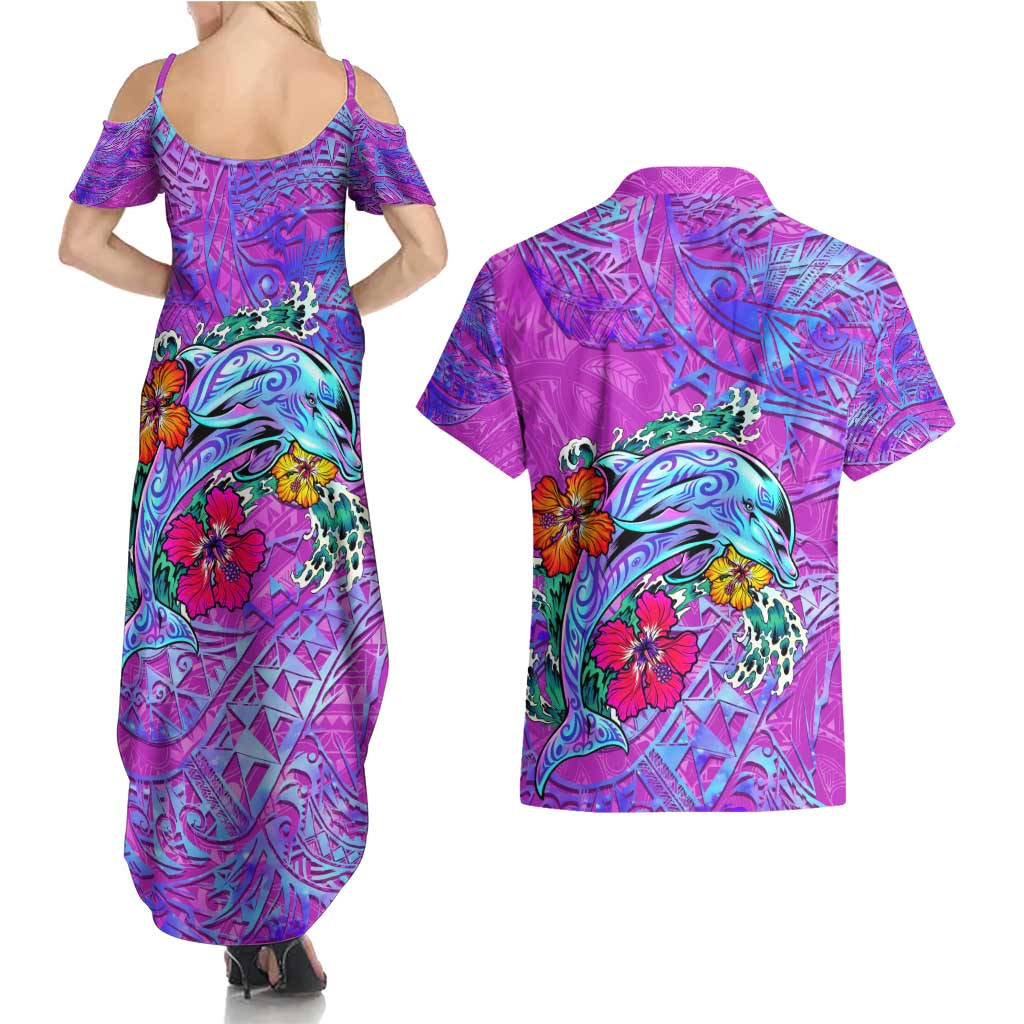 Personalized Dolphin Polynesia Couples Matching Summer Maxi Dress and Hawaiian Shirt Hibiscus Tropical Wave - Purple Vibes