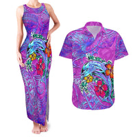 Personalized Dolphin Polynesia Couples Matching Tank Maxi Dress and Hawaiian Shirt Hibiscus Tropical Wave - Purple Vibes