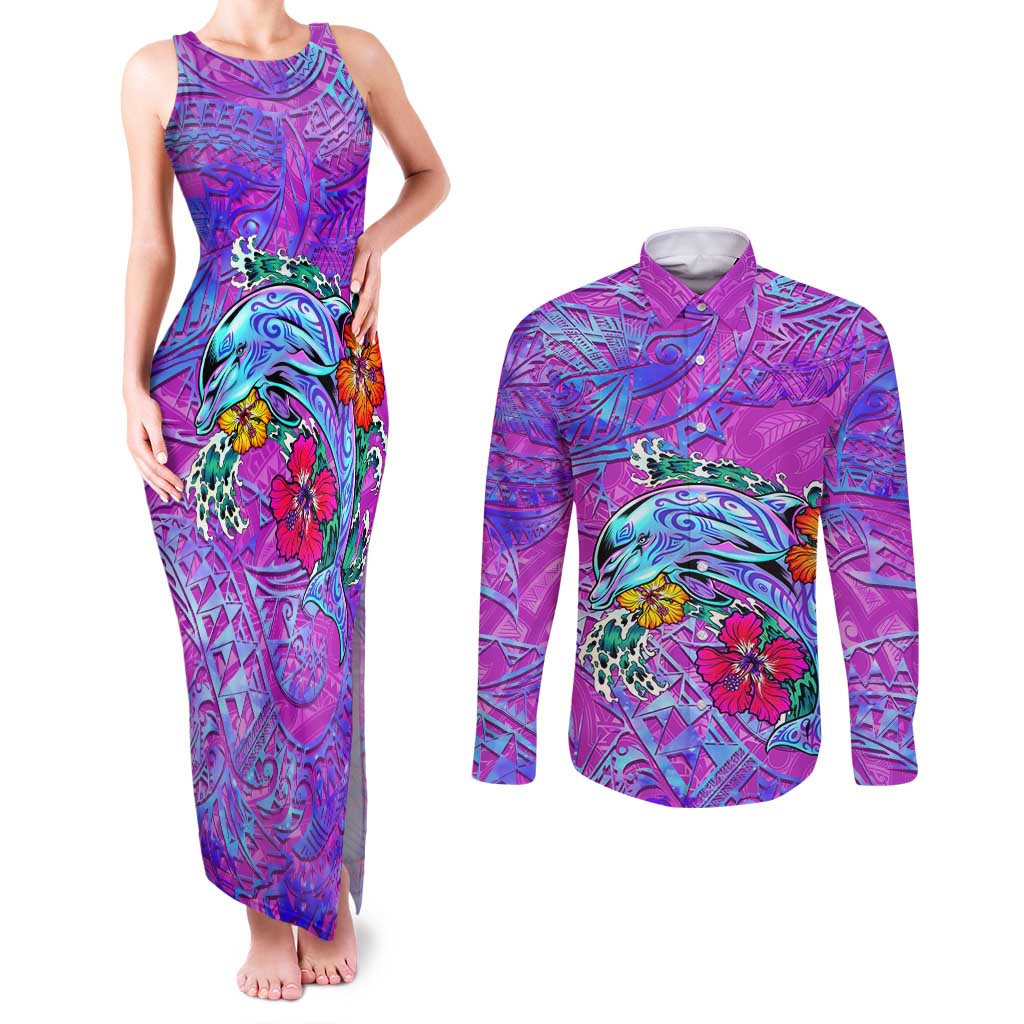 Personalized Dolphin Polynesia Couples Matching Tank Maxi Dress and Long Sleeve Button Shirt Hibiscus Tropical Wave - Purple Vibes