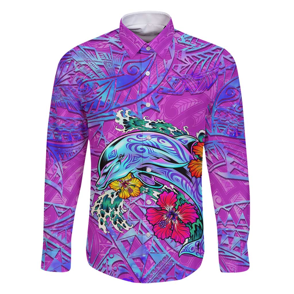 Personalized Dolphin Polynesia Family Matching Long Sleeve Bodycon Dress and Hawaiian Shirt Hibiscus Tropical Wave - Purple Vibes