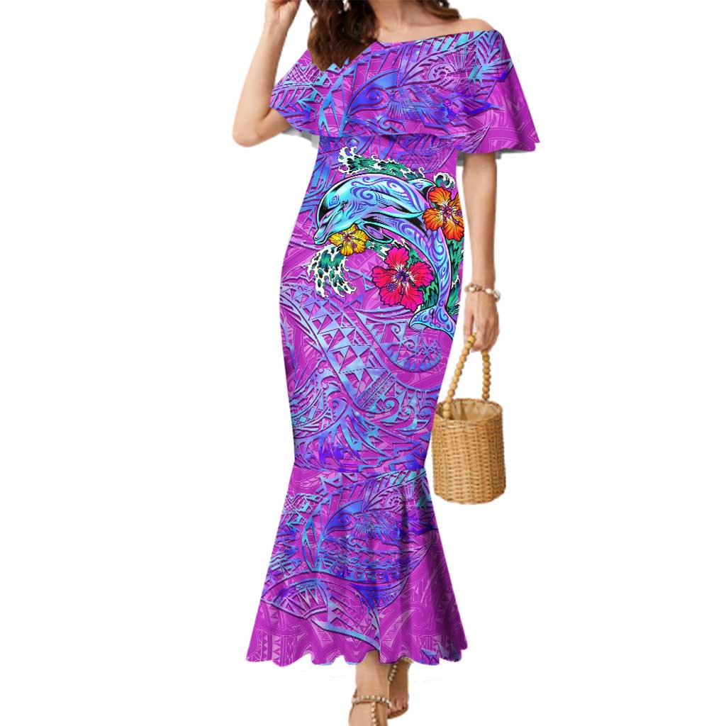 Personalized Dolphin Polynesia Family Matching Mermaid Dress and Hawaiian Shirt Hibiscus Tropical Wave - Purple Vibes