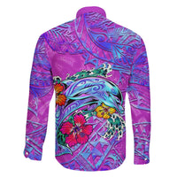 Personalized Dolphin Polynesia Family Matching Off The Shoulder Long Sleeve Dress and Hawaiian Shirt Hibiscus Tropical Wave - Purple Vibes