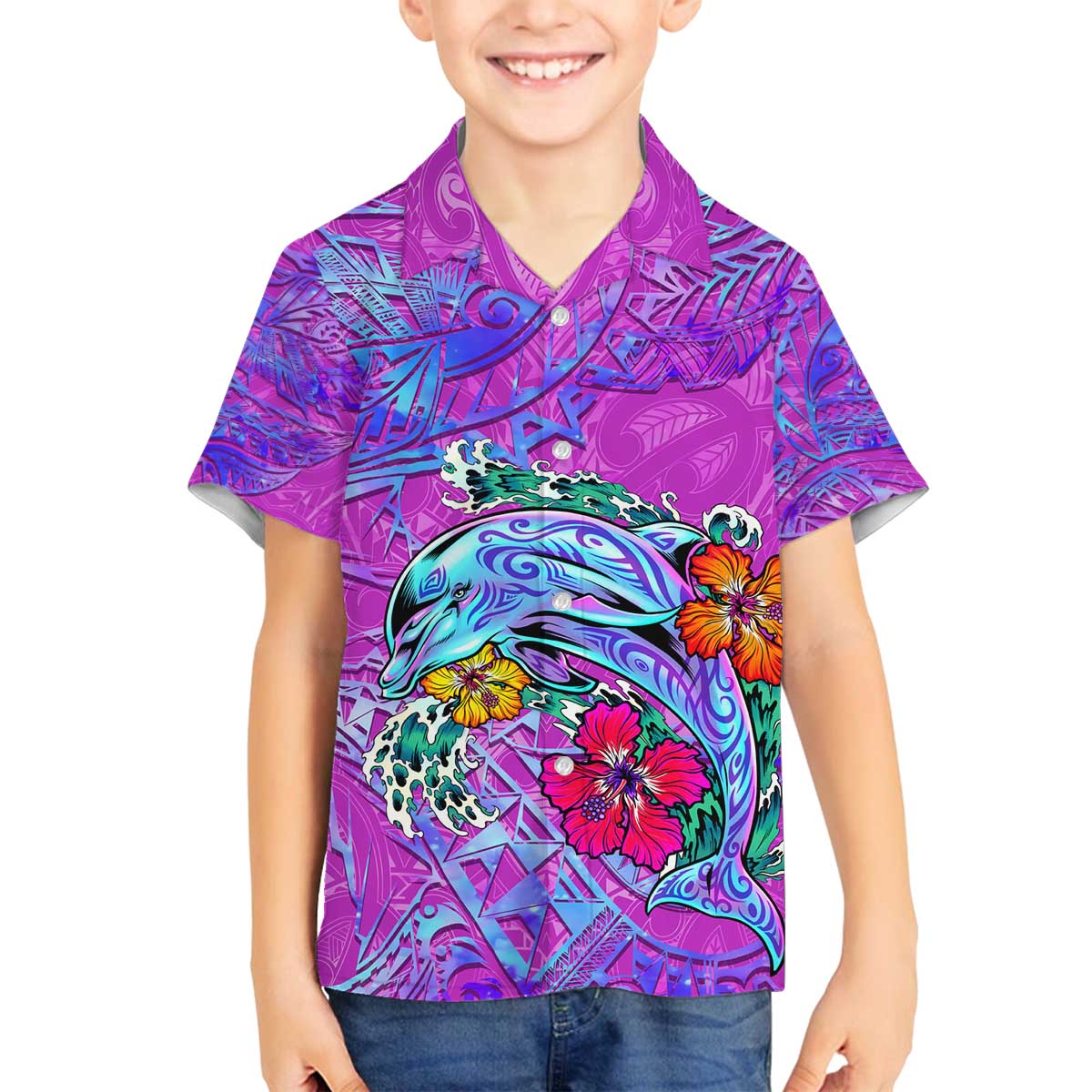 Personalized Dolphin Polynesia Family Matching Off The Shoulder Long Sleeve Dress and Hawaiian Shirt Hibiscus Tropical Wave - Purple Vibes
