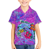 Personalized Dolphin Polynesia Family Matching Off The Shoulder Long Sleeve Dress and Hawaiian Shirt Hibiscus Tropical Wave - Purple Vibes