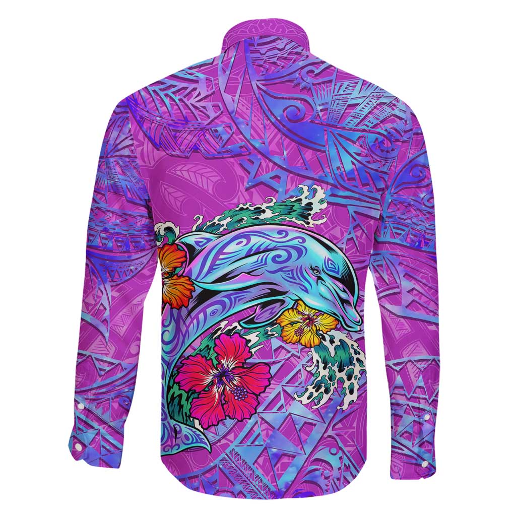 Personalized Dolphin Polynesia Family Matching Summer Maxi Dress and Hawaiian Shirt Hibiscus Tropical Wave - Purple Vibes