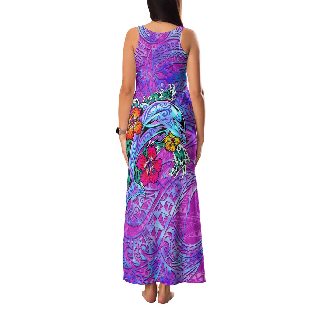 Personalized Dolphin Polynesia Family Matching Tank Maxi Dress and Hawaiian Shirt Hibiscus Tropical Wave - Purple Vibes