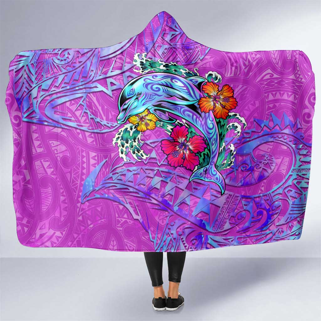 Dolphin Polynesia Hooded Blanket Hibiscus Tropical Wave - Purple Vibes