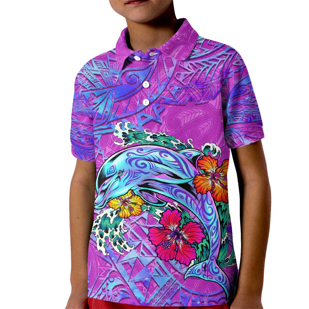 Dolphin Polynesia Kid Polo Shirt Hibiscus Tropical Wave - Purple Vibes DT02 Kid Purple - Polynesian Pride