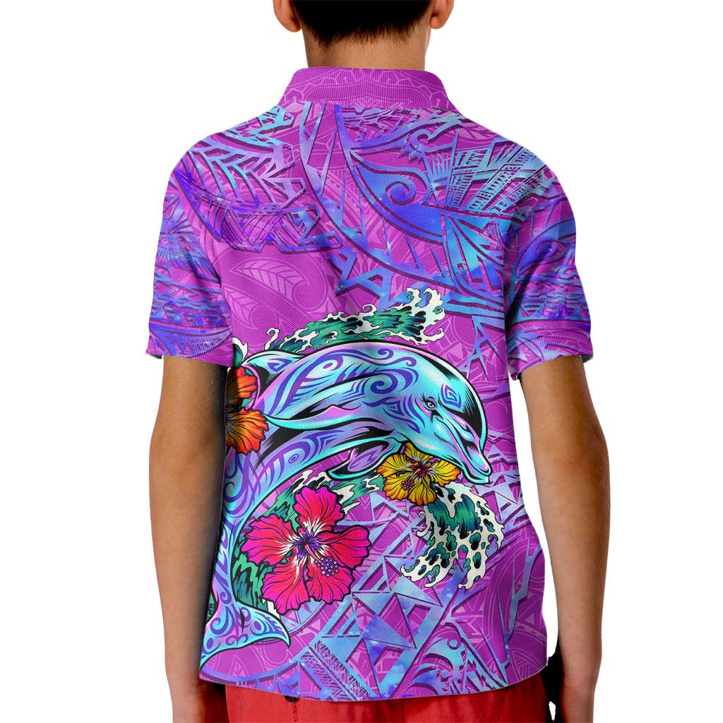 Dolphin Polynesia Kid Polo Shirt Hibiscus Tropical Wave - Purple Vibes DT02 - Polynesian Pride