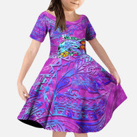 Dolphin Polynesia Kid Short Sleeve Dress Hibiscus Tropical Wave - Purple Vibes DT02 KID Purple - Polynesian Pride