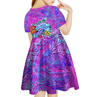 Dolphin Polynesia Kid Short Sleeve Dress Hibiscus Tropical Wave - Purple Vibes DT02 - Polynesian Pride