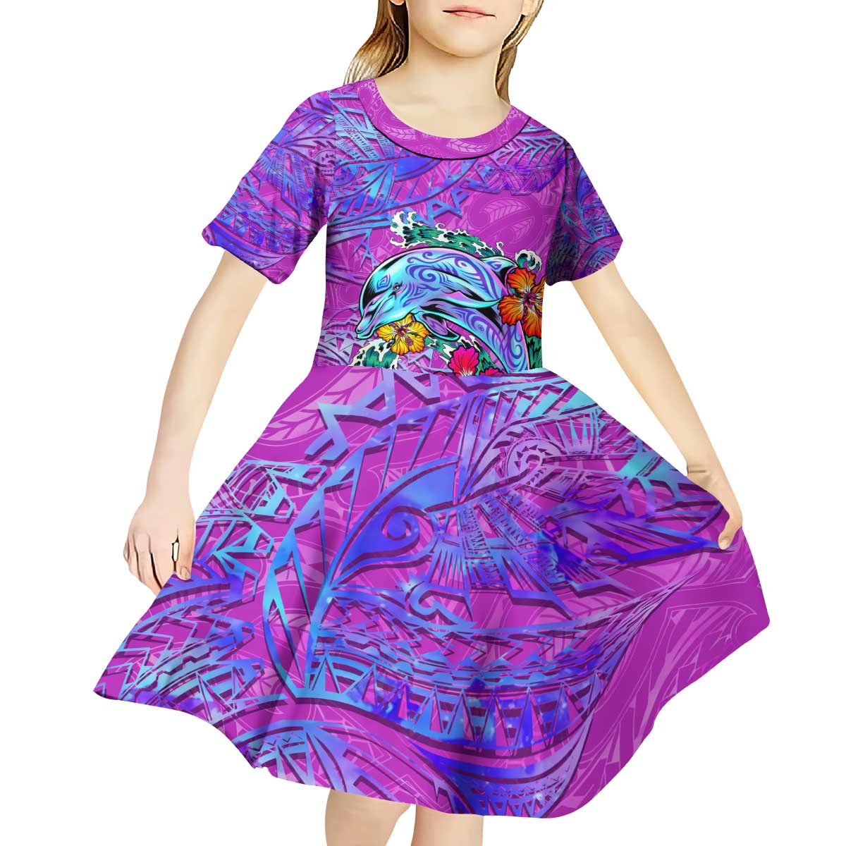 Dolphin Polynesia Kid Short Sleeve Dress Hibiscus Tropical Wave - Purple Vibes DT02 - Polynesian Pride