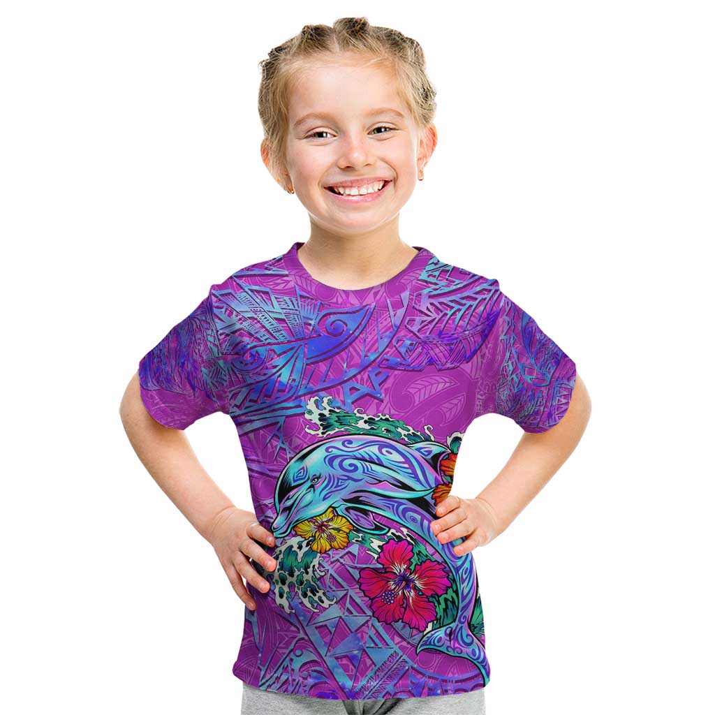 Dolphin Polynesia Kid T Shirt Hibiscus Tropical Wave - Purple Vibes DT02 Purple - Polynesian Pride