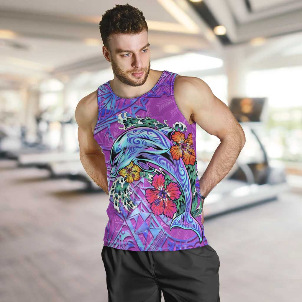 Personalized Dolphin Polynesia Men Tank Top Hibiscus Tropical Wave - Purple Vibes