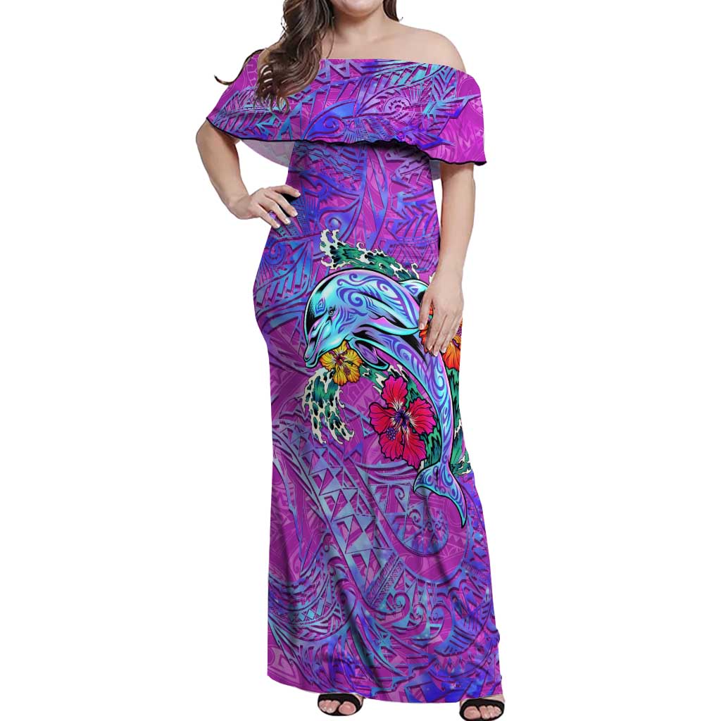 Dolphin Polynesia Off Shoulder Maxi Dress Hibiscus Tropical Wave - Purple Vibes DT02 Women Purple - Polynesian Pride