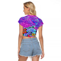 Dolphin Polynesia Raglan Cropped T Shirt Hibiscus Tropical Wave - Purple Vibes DT02 - Polynesian Pride