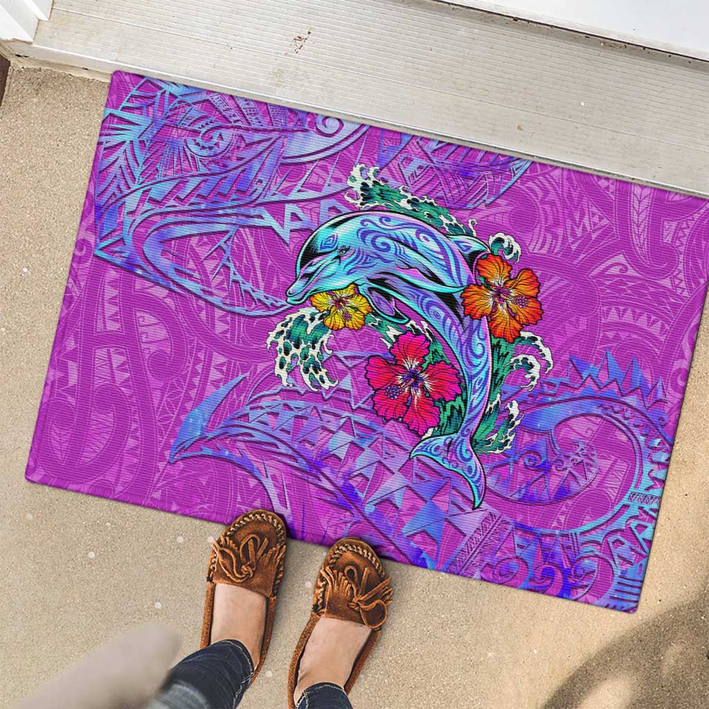 Dolphin Polynesia Rubber Doormat Hibiscus Tropical Wave - Purple Vibes DT02 - Polynesian Pride