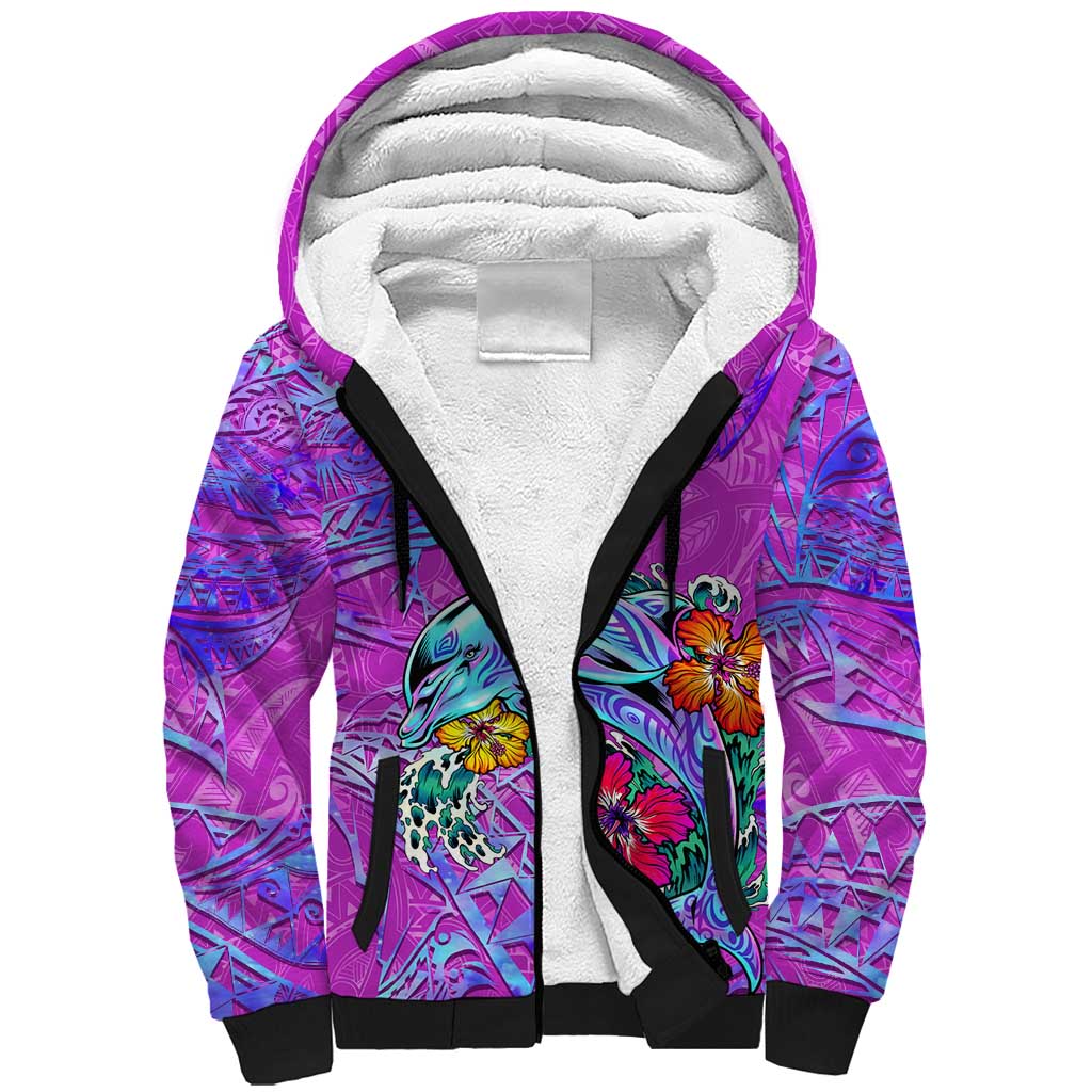 Personalized Dolphin Polynesia Sherpa Hoodie Hibiscus Tropical Wave - Purple Vibes