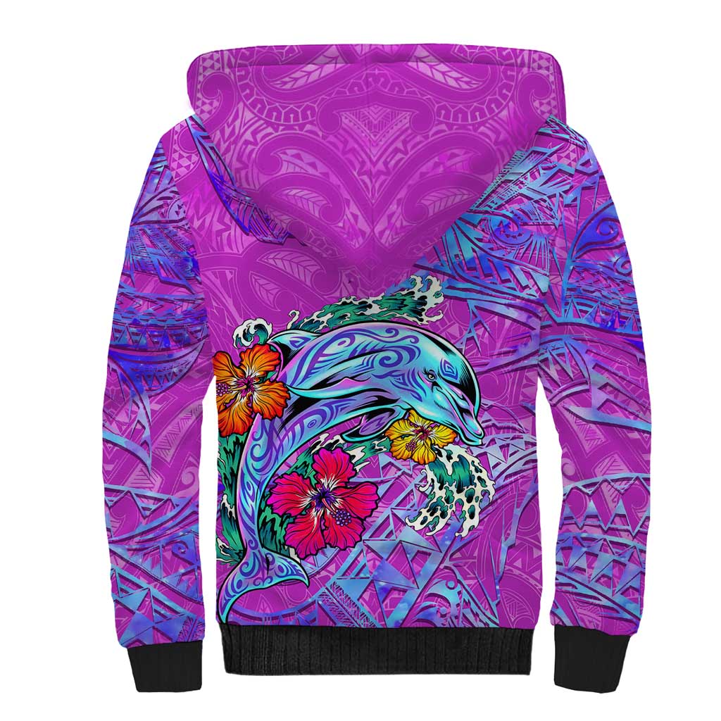 Personalized Dolphin Polynesia Sherpa Hoodie Hibiscus Tropical Wave - Purple Vibes