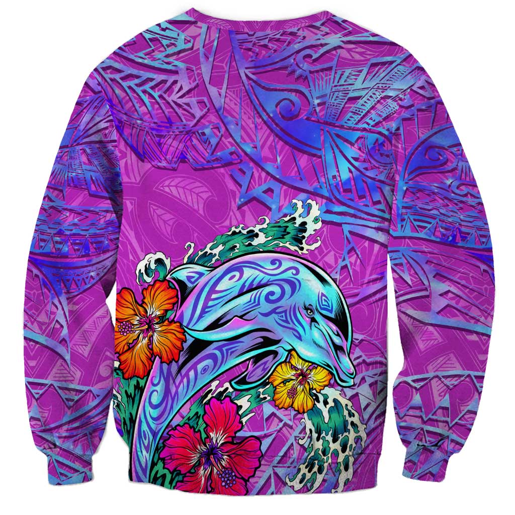 Personalized Dolphin Polynesia Sweatshirt Hibiscus Tropical Wave - Purple Vibes