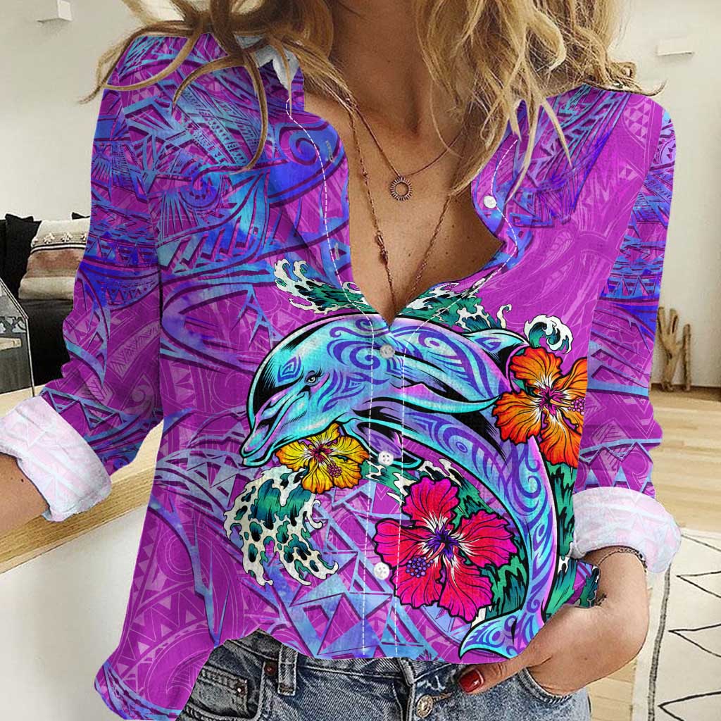 Dolphin Polynesia Women Casual Shirt Hibiscus Tropical Wave - Purple Vibes DT02 Female Purple - Polynesian Pride