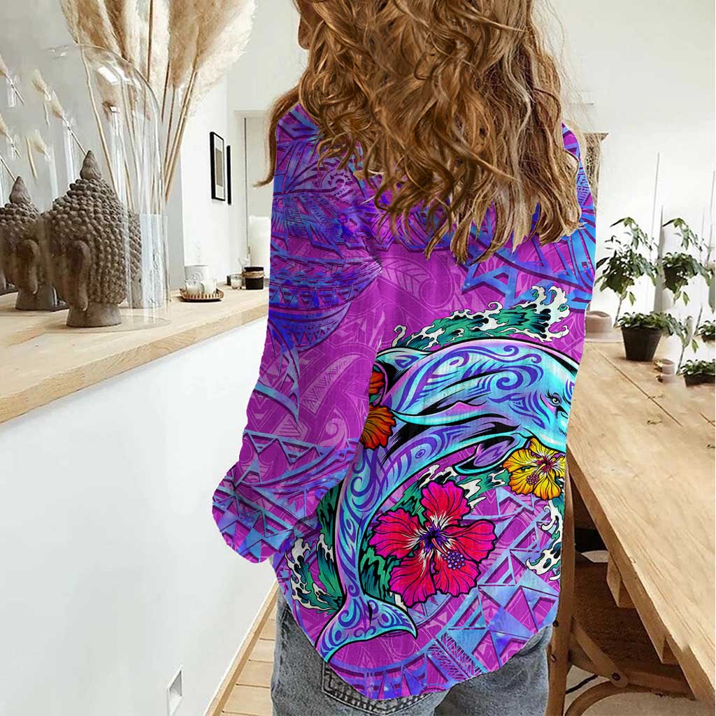 Dolphin Polynesia Women Casual Shirt Hibiscus Tropical Wave - Purple Vibes DT02 - Polynesian Pride