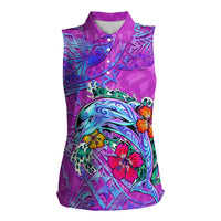 Dolphin Polynesia Women Sleeveless Polo Shirt Hibiscus Tropical Wave - Purple Vibes DT02 Female Purple - Polynesian Pride