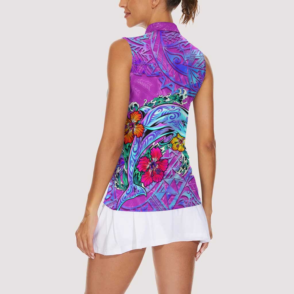 Dolphin Polynesia Women Sleeveless Polo Shirt Hibiscus Tropical Wave - Purple Vibes DT02 - Polynesian Pride