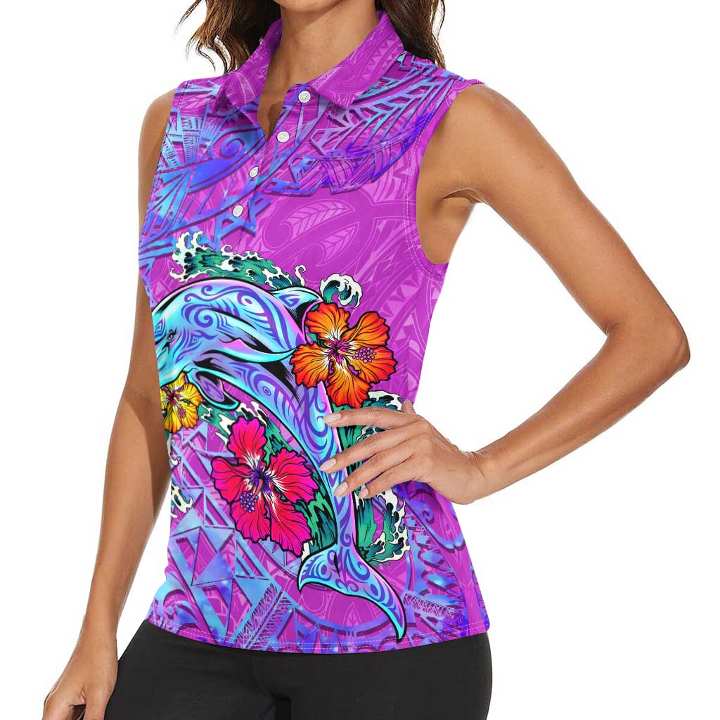 Dolphin Polynesia Women Sleeveless Polo Shirt Hibiscus Tropical Wave - Purple Vibes DT02 - Polynesian Pride