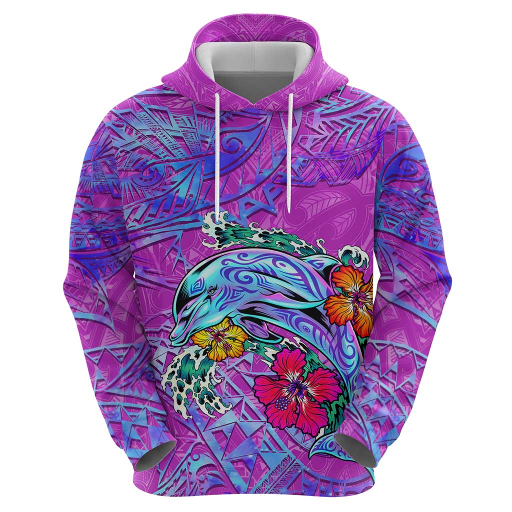 Personalized Dolphin Polynesia Zip Hoodie Hibiscus Tropical Wave - Purple Vibes