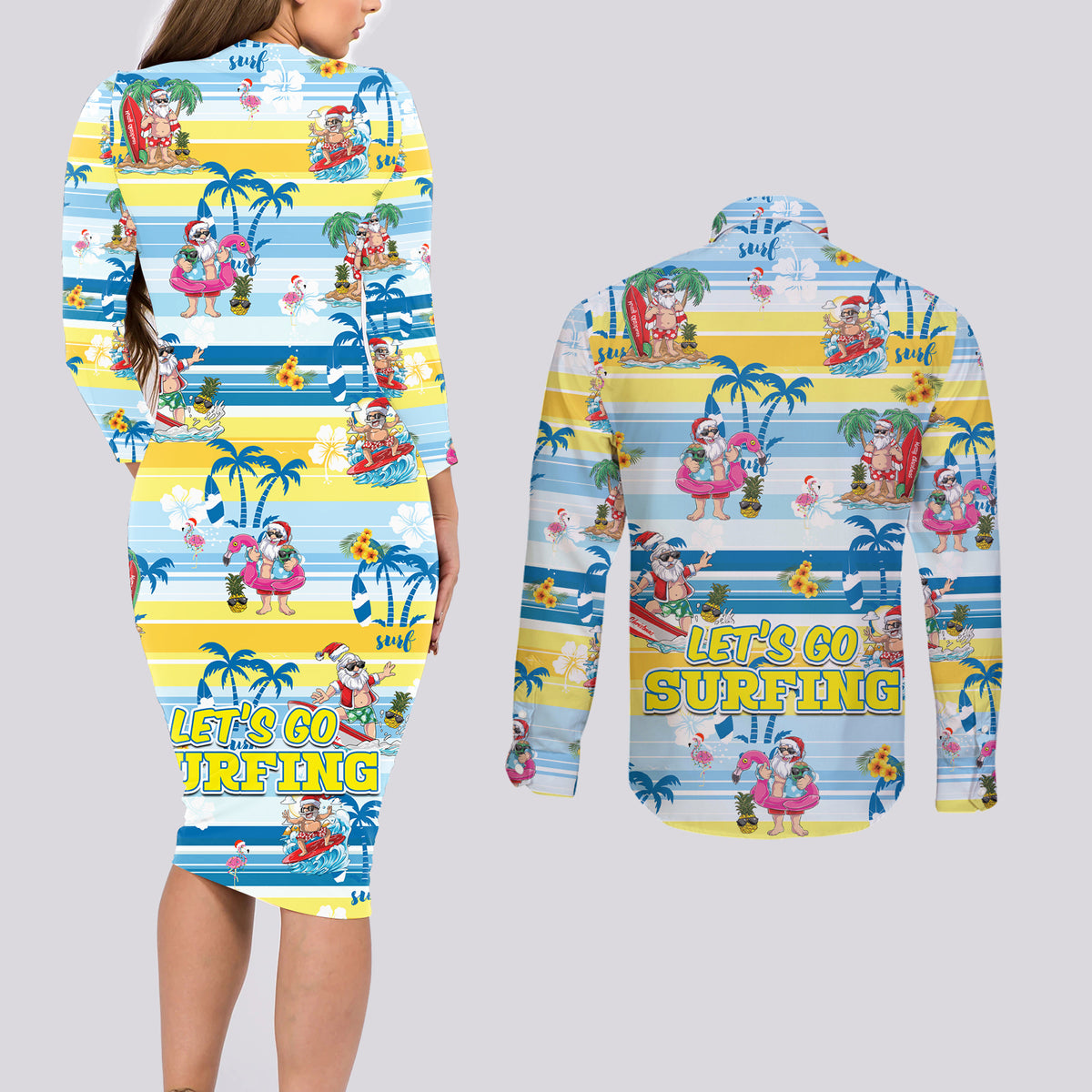 Surfing Christmas Couples Matching Long Sleeve Bodycon Dress and Long Sleeve Button Shirt Tropical Santa Let's Go Surfing DT02 - Polynesian Pride