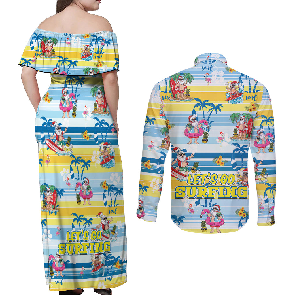 Surfing Christmas Couples Matching Off Shoulder Maxi Dress and Long Sleeve Button Shirt Tropical Santa Let's Go Surfing DT02 - Polynesian Pride
