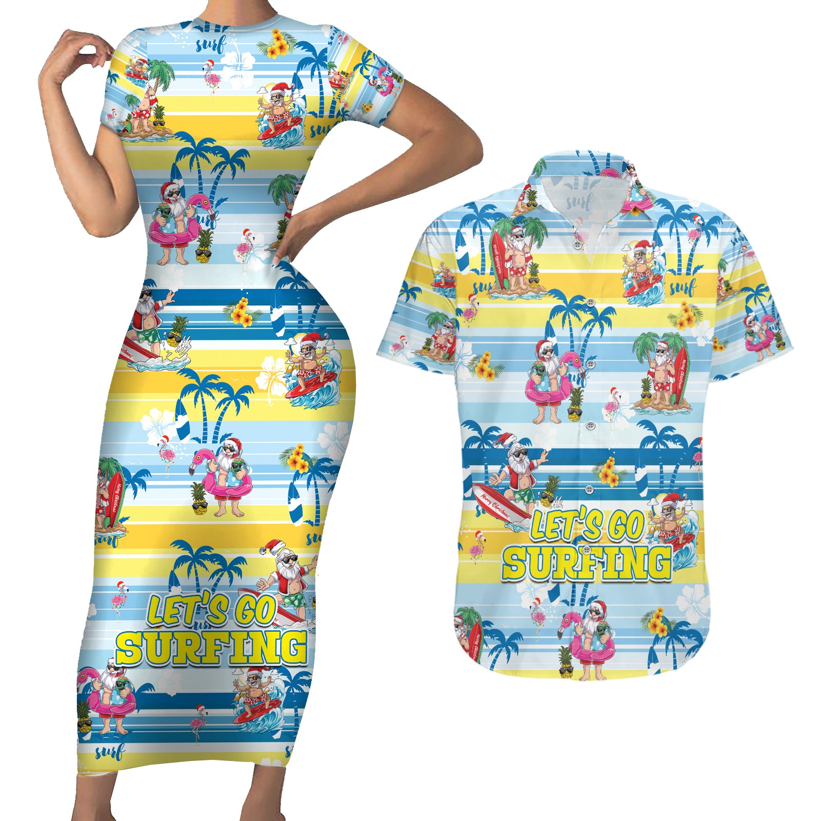 Surfing Christmas Couples Matching Short Sleeve Bodycon Dress and Hawaiian Shirt Tropical Santa Let's Go Surfing DT02 Art - Polynesian Pride