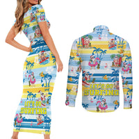 Surfing Christmas Couples Matching Short Sleeve Bodycon Dress and Long Sleeve Button Shirt Tropical Santa Let's Go Surfing DT02 - Polynesian Pride
