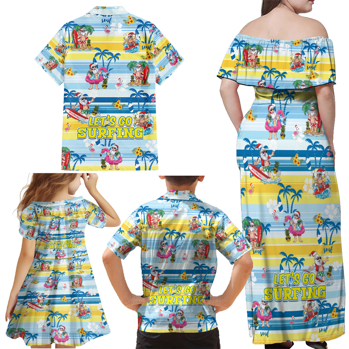 Surfing Christmas Family Matching Off Shoulder Maxi Dress and Hawaiian Shirt Tropical Santa Let's Go Surfing DT02 - Polynesian Pride