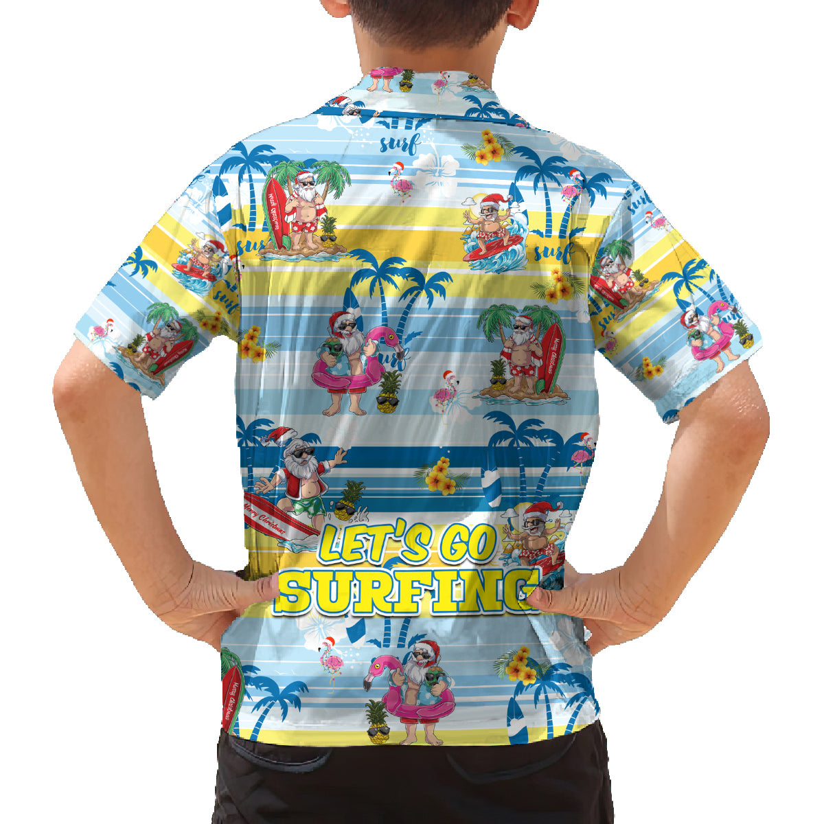 Surfing Christmas Family Matching Off Shoulder Short Dress and Hawaiian Shirt Tropical Santa Let's Go Surfing DT02 - Polynesian Pride