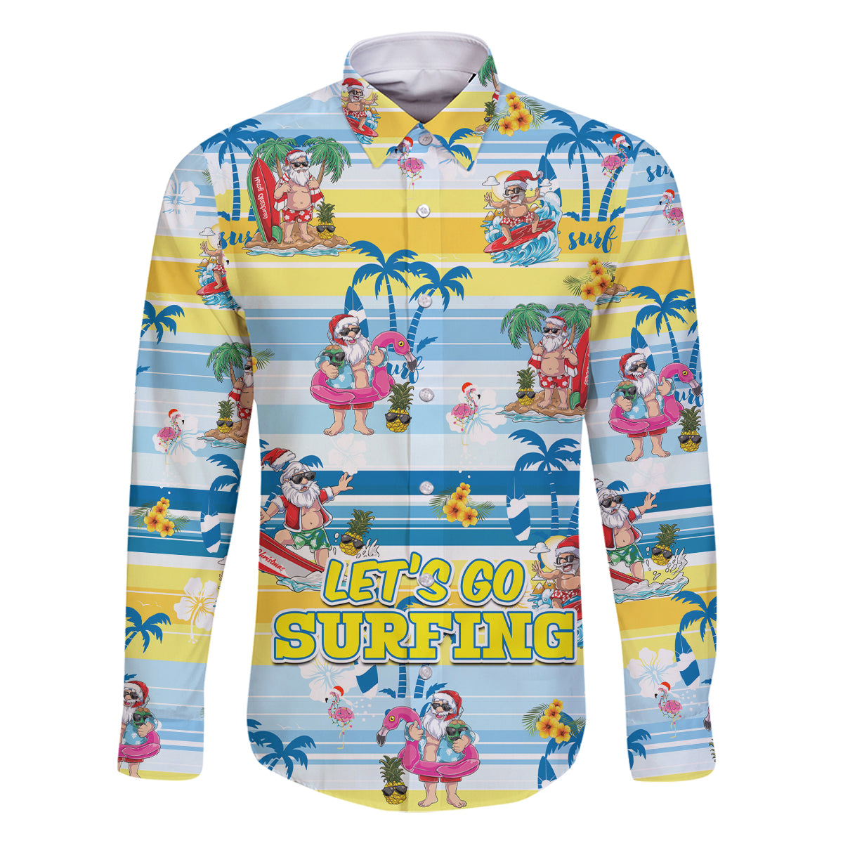 Surfing Christmas Family Matching Off Shoulder Short Dress and Hawaiian Shirt Tropical Santa Let's Go Surfing DT02 Dad's Shirt - Long Sleeve Art - Polynesian Pride