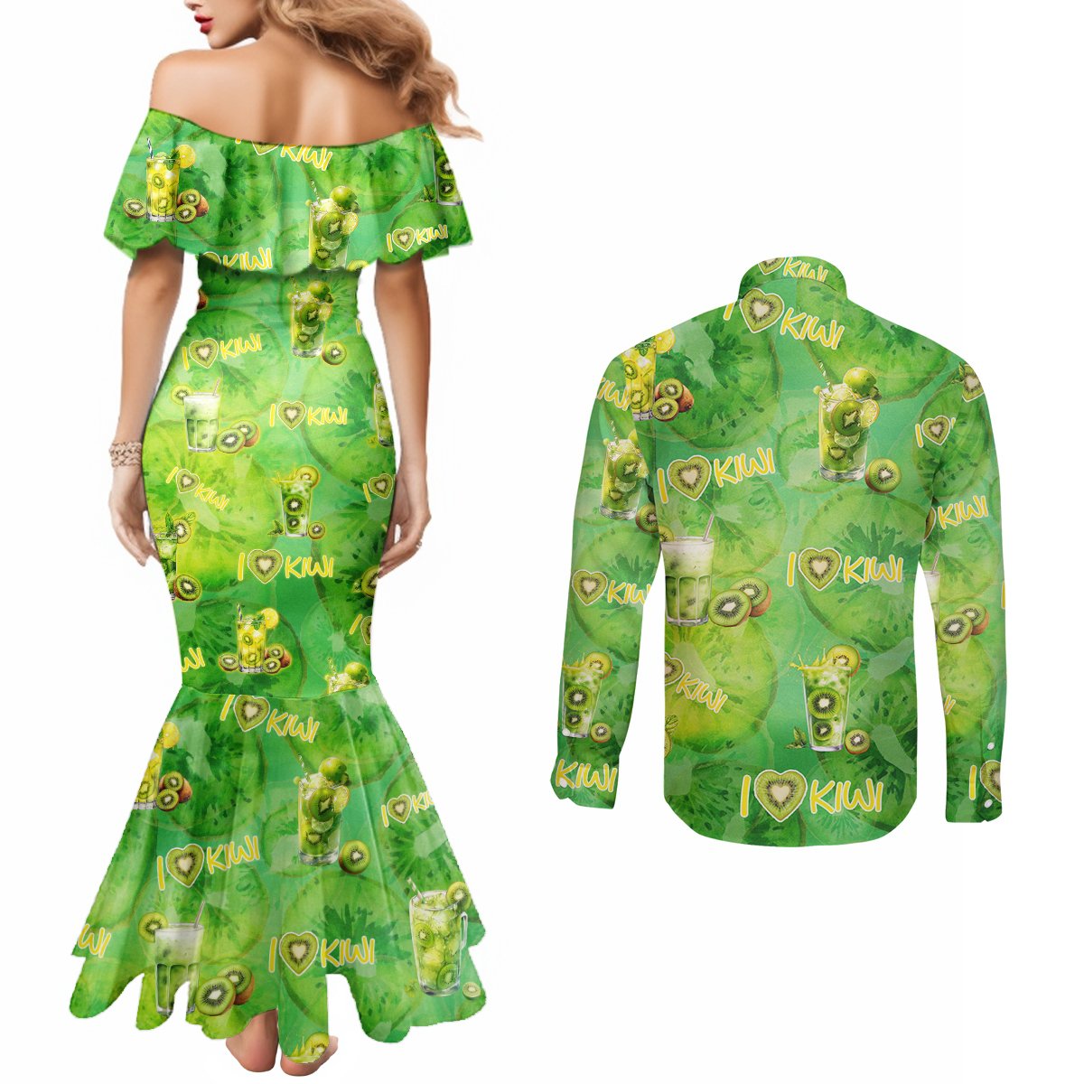 I Love Kiwi Couples Matching Mermaid Dress and Long Sleeve Button Shirt New Zealand Kiwi Fruit Summer Cocktail